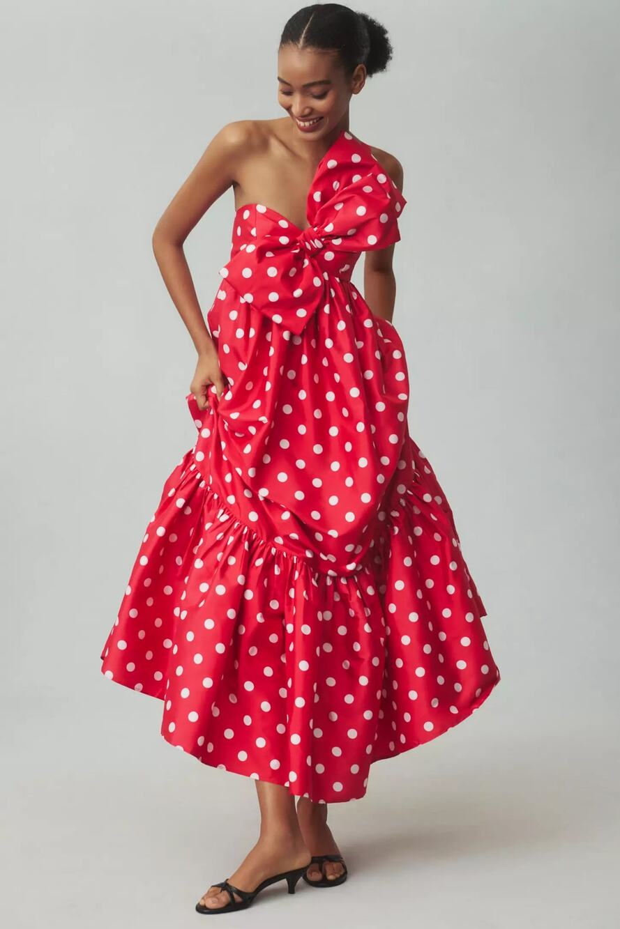 nwt ANTHROPOLOGIE ATSU sz S Sally Bow Midi Dress in Red white polka dot motif